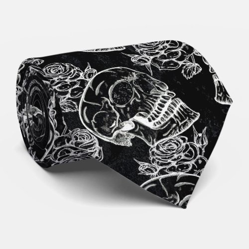 Skulls and Chalk Roses  Gothic Glam Funky Grunge Neck Tie