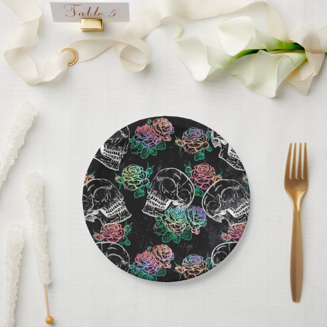 Skulls and Chalk Roses | Gothic Glam Funky Grunge Paper Plates (Wedding)
