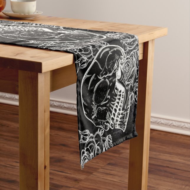 Skulls and Chalk Roses | Gothic Glam Funky Grunge Short Table Runner (In Situ)