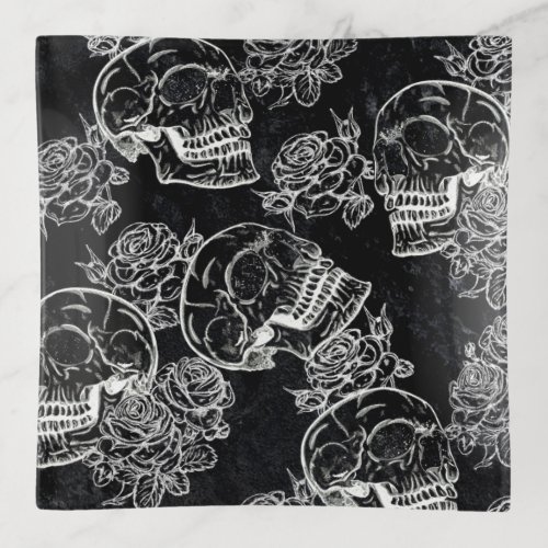 Skulls and Chalk Roses  Gothic Glam Funky Grunge Trinket Tray