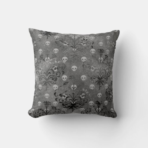 Skulls and Charcoal Damask on Grey Throw Pillow