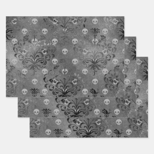 Skulls and Charcoal Damask on Grey Wrapping Paper Sheets (Set)