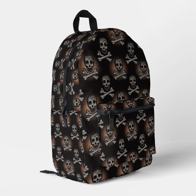 Skulls and Crossbones on Black Dark Art Printed Backpack (Back Corner Left)
