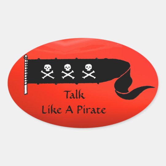 SKULLS AND CROSSED BONES RED BLACK PIRATE FLAG OVAL STICKER