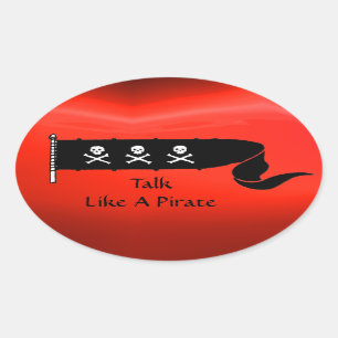SKULLS AND CROSSED BONES RED BLACK PIRATE FLAG OVAL STICKER