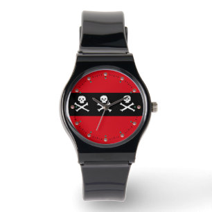 SKULLS AND CROSSED BONES  RED BLACK PIRATE FLAG WATCH