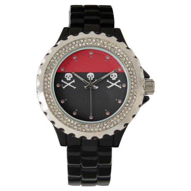 SKULLS AND CROSSED BONES  RED BLACK PIRATE FLAG WATCH (Front)