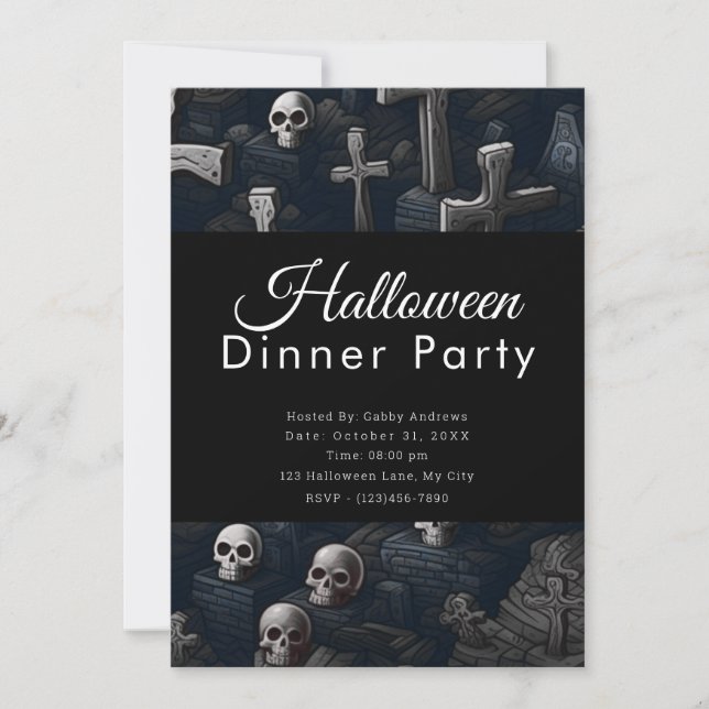 Skulls and Crosses Cemetery Halloween Dinner Party Invitation (Front)
