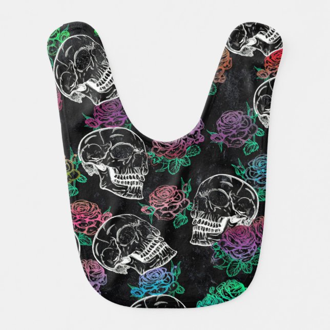 Skulls and Dark Roses | Funky Glam Ombre Grunge Baby Bib (Front)