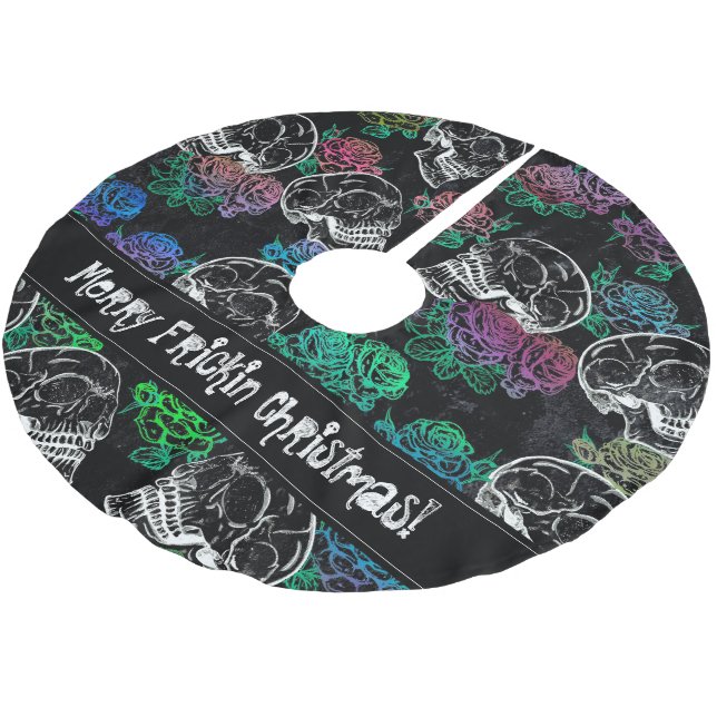 Skulls and Dark Roses | Funky Glam Ombre Grunge Brushed Polyester Tree Skirt (Angled)