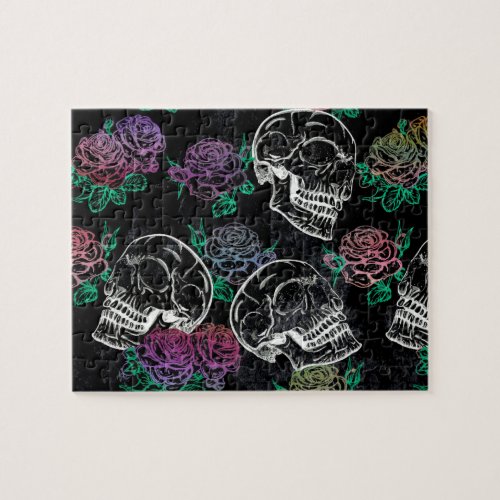 Skulls and Dark Roses  Funky Glam Ombre Grunge Jigsaw Puzzle