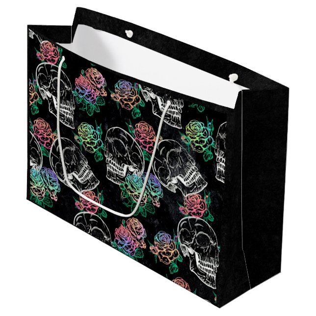 Skulls and Dark Roses | Funky Glam Ombre Grunge Large Gift Bag (Front Angled)