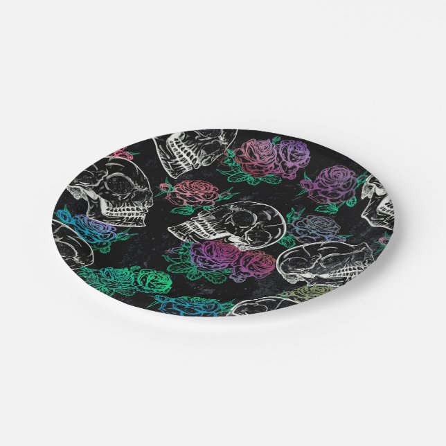 Skulls and Dark Roses | Funky Glam Ombre Grunge Paper Plates (Angled)