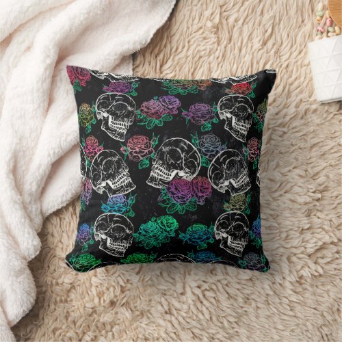 Skulls and Dark Roses  Funky Glam Ombre Grunge Throw Pillow