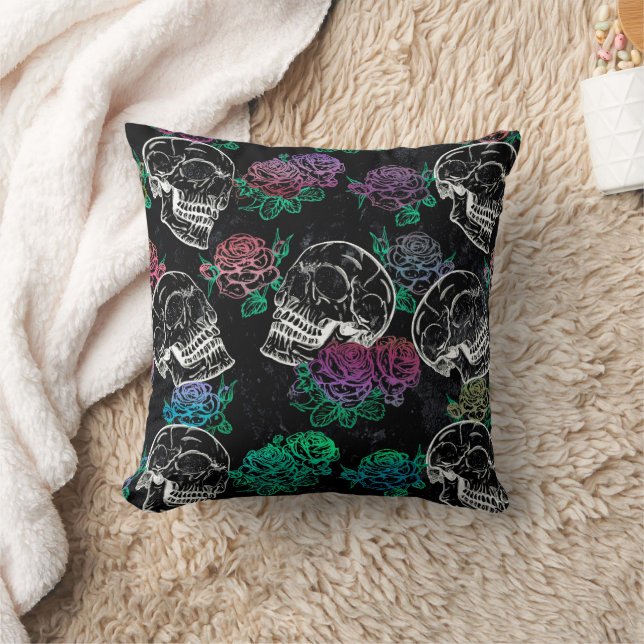 Skulls and Dark Roses | Funky Glam Ombre Grunge Throw Pillow (Blanket)