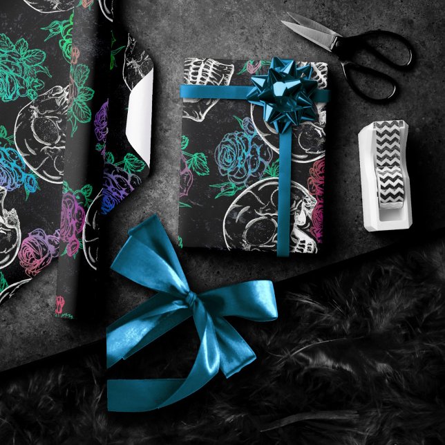 Skulls and Dark Roses | Funky Glam Ombre Grunge Wrapping Paper (Creator Uploaded)