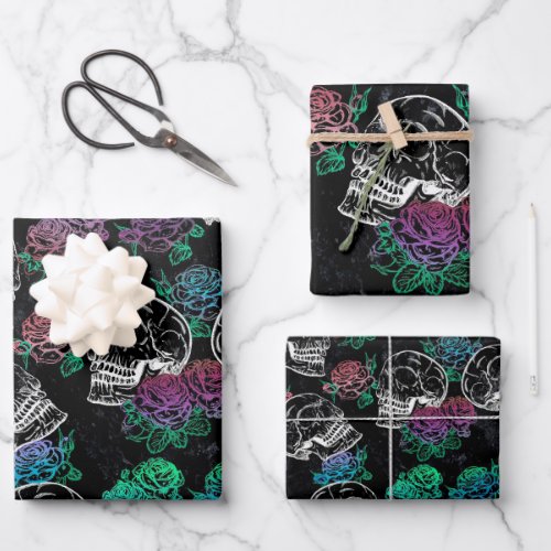 Skulls and Dark Roses  Funky Glam Ombre Grunge Wrapping Paper Sheets