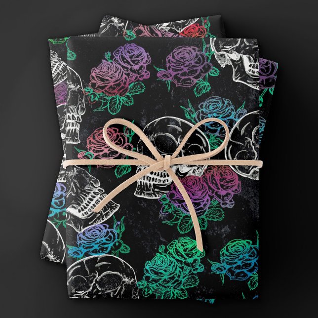 Skulls and Dark Roses | Funky Glam Ombre Grunge Wrapping Paper Sheets (Creator Uploaded)