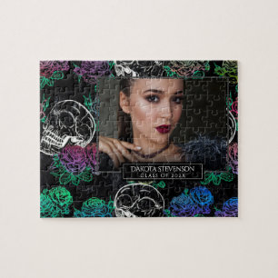 Skulls and Dark Roses   Funky Graduation Photo Jigsaw Puzzle