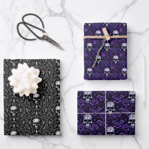 Skulls and Flowers Goth Wrapping Paper Sheets