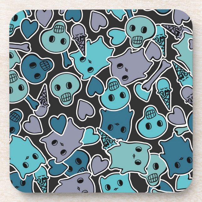 Skulls, and hearts on black background 2 beverage coaster (Front)
