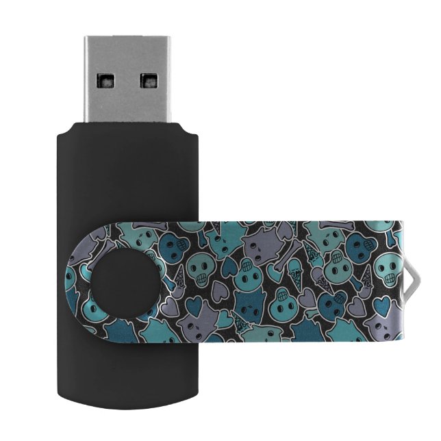 Skulls, and hearts on black background 2 flash drive (Opened)