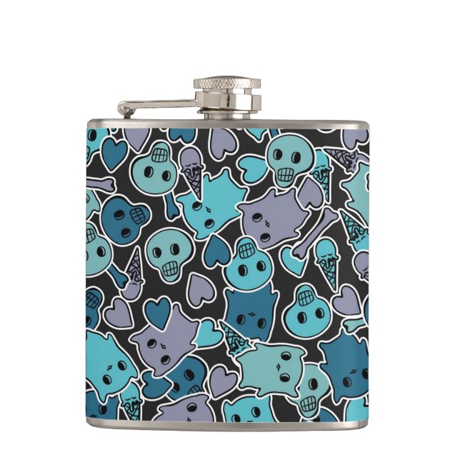 Skulls, and hearts on black background 2 hip flask (Front)