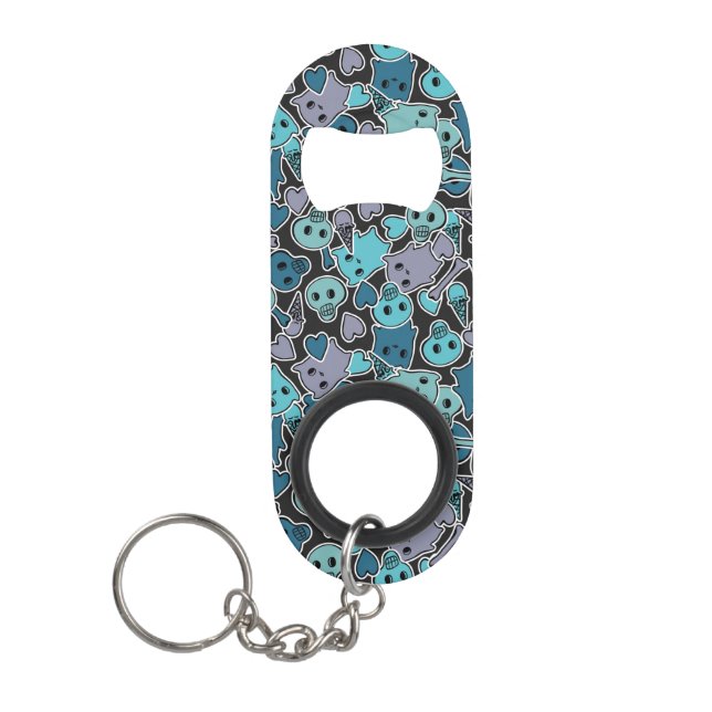 Skulls, and hearts on black background 2 keychain bottle opener (Front)