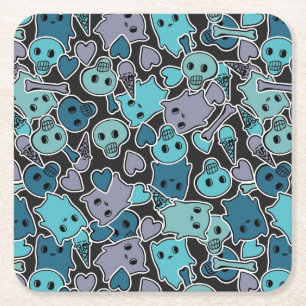 Skulls, and hearts on black background 2 square paper coaster