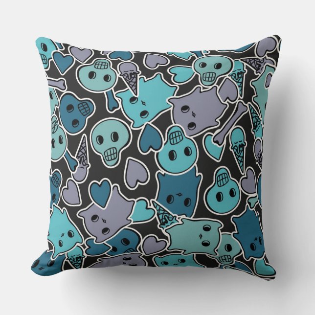 Skulls, and hearts on black background 2 throw pillow (Front)