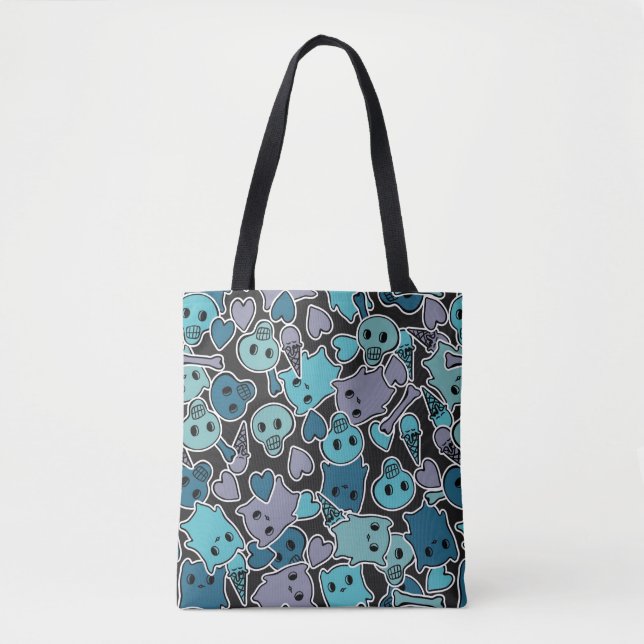 Skulls, and hearts on black background 2 tote bag (Front)