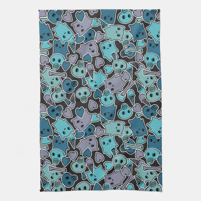 Skulls, and hearts on black background 2 towel (Vertical)