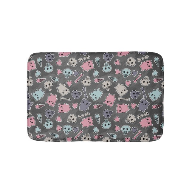 Skulls, and hearts on black background bath mat (Front)