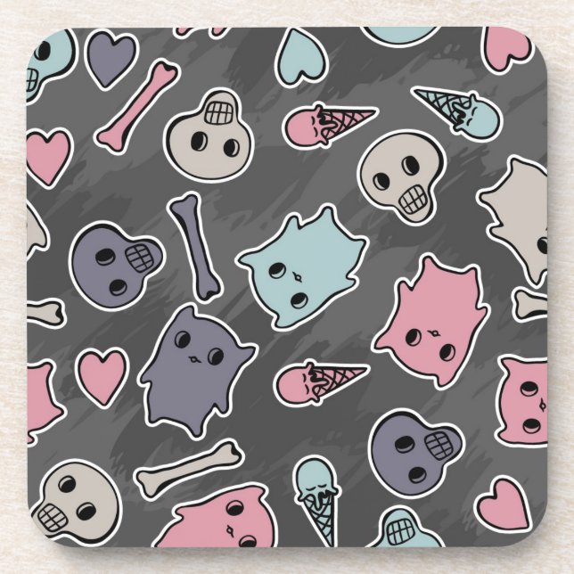 Skulls, and hearts on black background beverage coaster (Front)