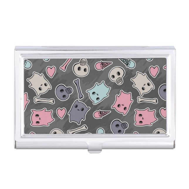 Skulls, and hearts on black background business card case (Front)
