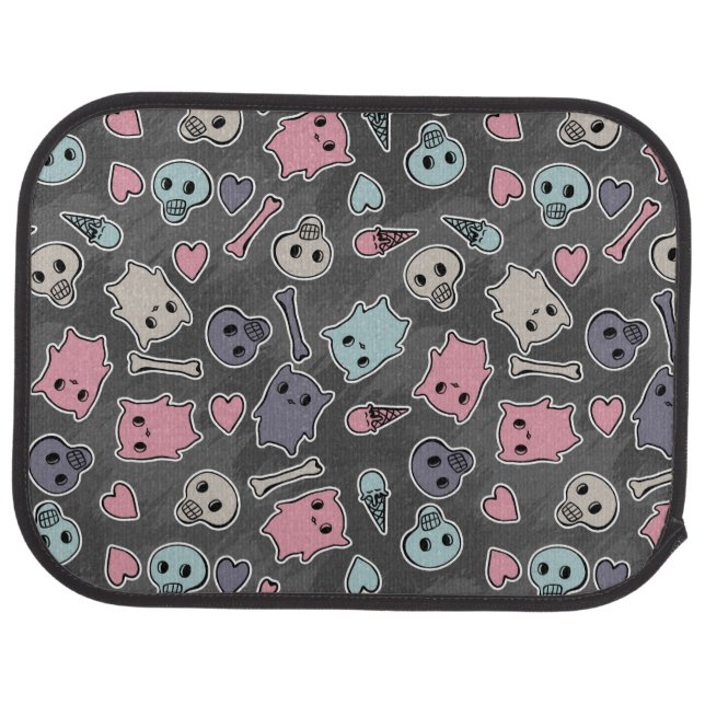 Skulls, and hearts on black background car mat (Rear)