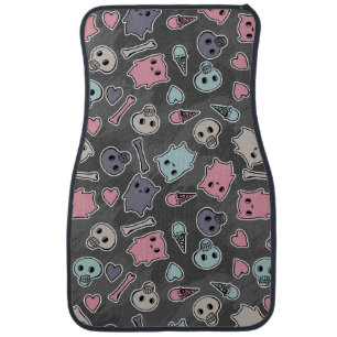 Skulls, and hearts on black background car mat