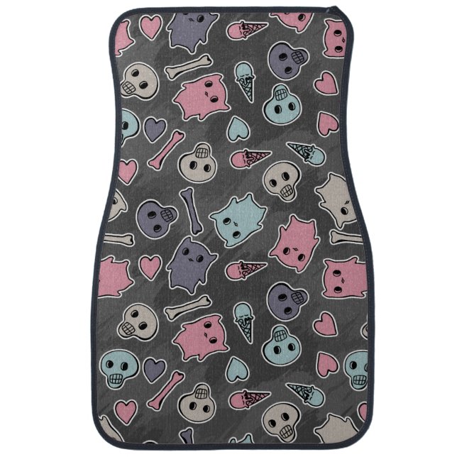 Skulls, and hearts on black background car mat (Front)
