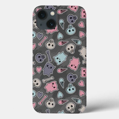 Skulls and hearts on black background iPhone 13 case