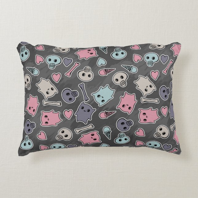 Skulls, and hearts on black background decorative pillow (Front)