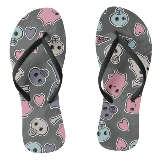Skulls, and hearts on black background flip flops (Footbed)