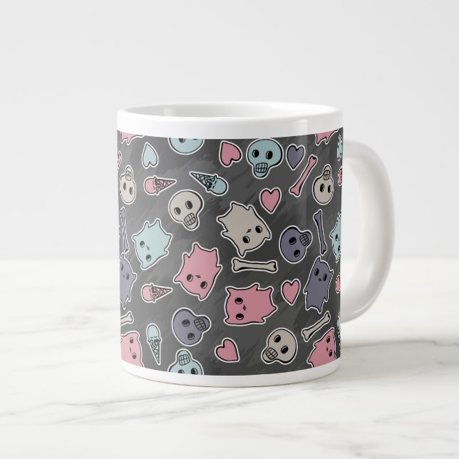 Skulls, and hearts on black background giant coffee mug (Front Right)