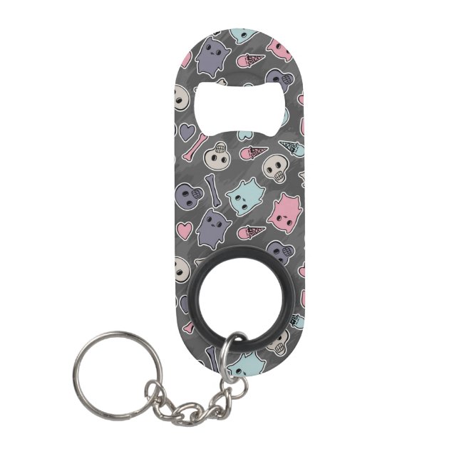 Skulls, and hearts on black background keychain bottle opener (Front)