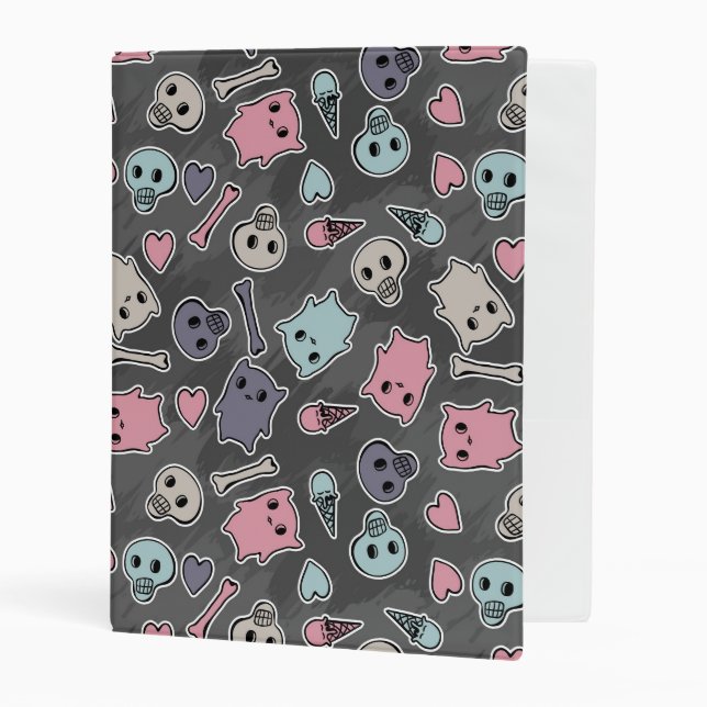 Skulls, and hearts on black background mini binder (Front/Inside)