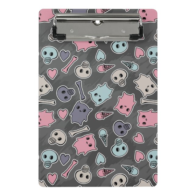 Skulls, and hearts on black background mini clipboard (Front)