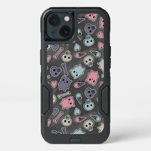 Skulls and hearts on black background iPhone 13 case