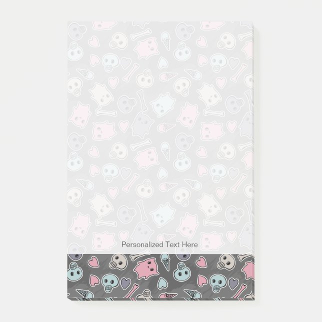 Skulls, and hearts on black background post-it notes (Front)