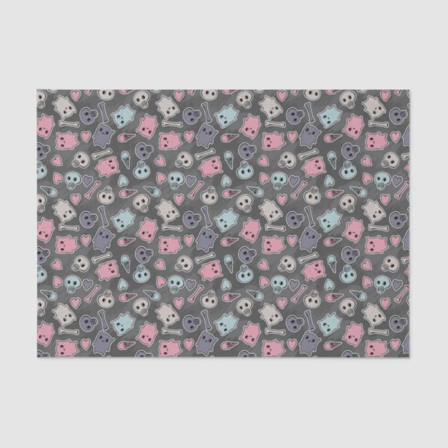 Skulls, and hearts on black background tissue paper (Front)