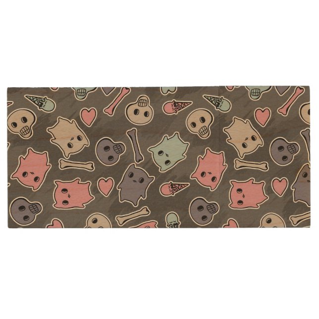Skulls, and hearts on black background wood USB flash drive (Front)