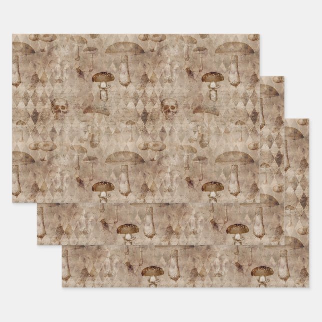 Skulls and Mushrooms on Brown Wrapping Paper Sheets (Set)